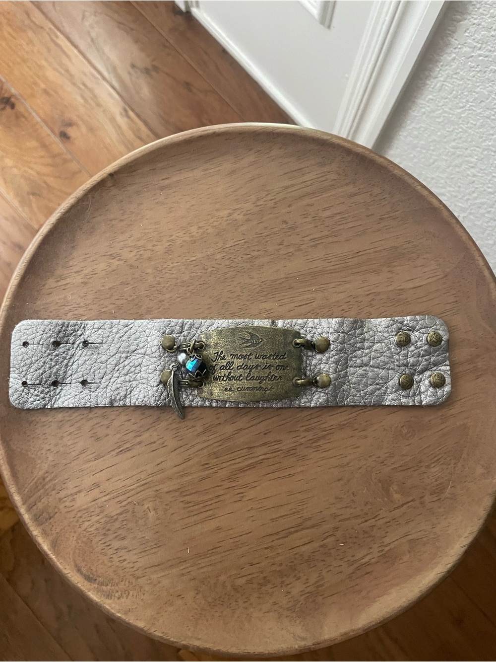 Inspirational Metallic Leather Bracelet with Brass Plate and Charms - Picture 5 of 8